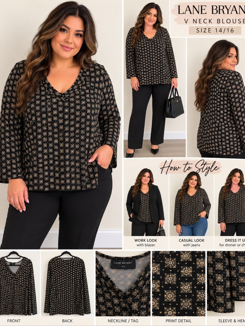 Plus Size 14/16 Black Gold V Neck Blouse Long Sleeve Lane Bryant